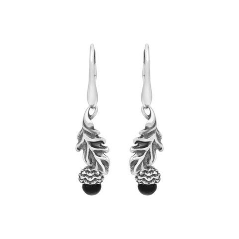 Sterling Silver Whitby Jet Acorn Leaf Hook Earrings, E2616