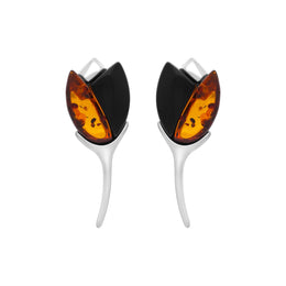 Sterling Silver Whitby Jet Amber 2 Stone Leaf Earrings, E2615