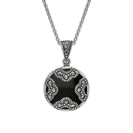 Sterling Silver Whitby Jet Marcasite Rounded Arc Necklace, P2140.