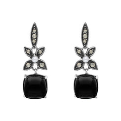Sterling Silver Whitby Jet Pearl Marcasite Flower Drop Earrings, E1700.