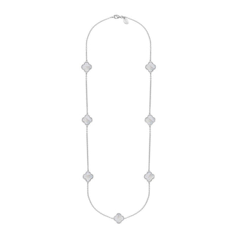 Sterling Silver WHITE MOP Bloom Four Leaf Clover Ball Edge Long Necklace, N1040