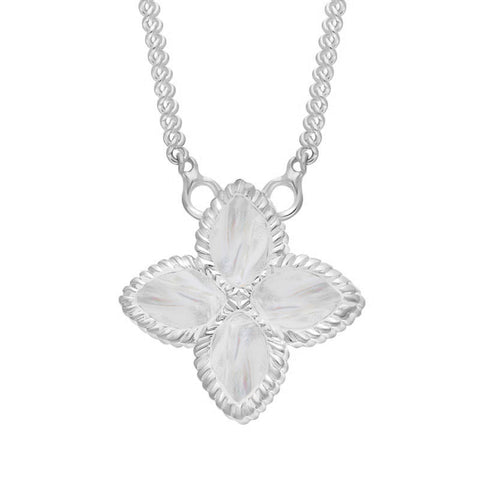 Sterling Silver WHITE MOP Bloom Small Marquise Flower Necklace
