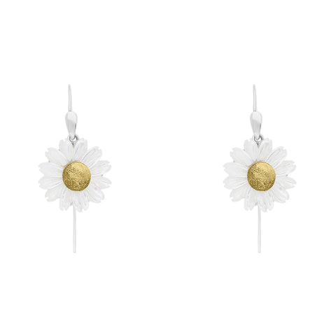 Sterling Silver and Yellow Gold White Mother Of Pearl Tuberose Daisy Drop Earrings, E2206.