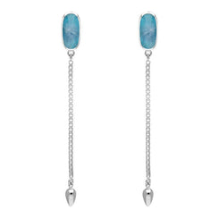 Sterling Silver Aquamarine Lineaire Long Drop Stud Earrings. E2240.