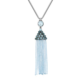 Sterling Silver Black Rhodium Blue Topaz Round Cascade Tassel Necklace PUNQ0005477
