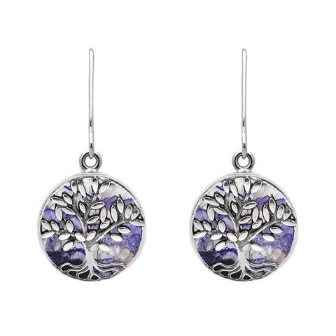 Sterling Silver Blue John Round Large Tree of Life Leaves Drop Earrings, E2427.