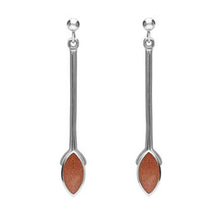 Sterling Silver Brown Goldstone Long Marquise Drop Earrings, E131.