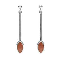 Sterling Silver Brown Goldstone Long Marquise Drop Earrings, E131.