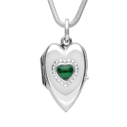 Sterling Silver Malachite Beaded Edge Heart Locket Necklace. P2104.
