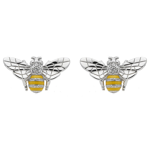 Sterling Silver Swarovski Crystal Yellow Enamel House Style Bee Stud Earrings. E2285.