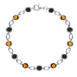 Sterling Silver Whitby Jet Amber Round Stone Link Bracelet, B882.