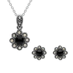 Sterling Silver Whitby Jet Pearl Round Bead Edge Two Piece Set