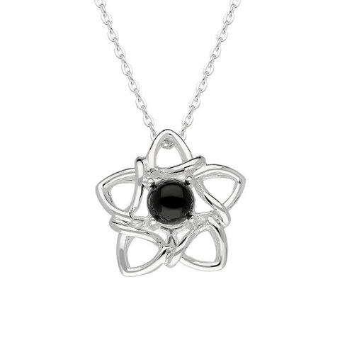 Sterling Silver Whitby Jet Open Star Flower Necklace P3536C