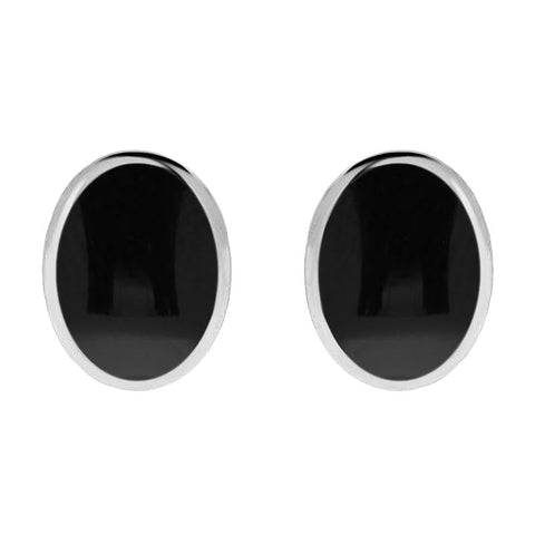 Sterling Silver Whitby Jet Oval Flat Omega Stud Earring, E084.