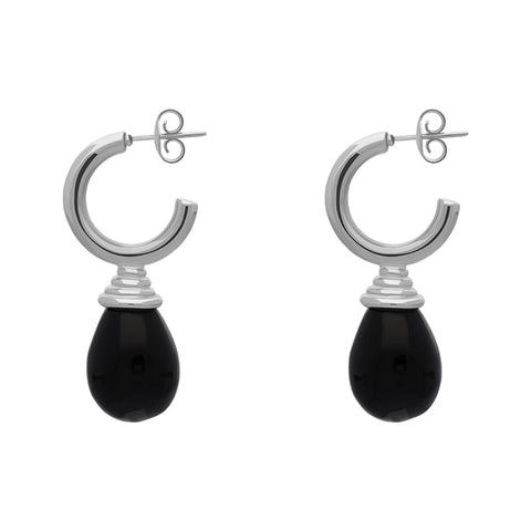 Sterling Silver Whitby Jet Tear Drop Hoop Earrings