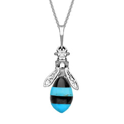 Sterling Silver Whitby Jet Turquoise Bee Drop Necklace, P3143.