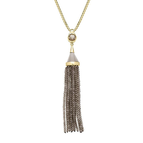 Sterling Silver Yellow Gold Vermeil Smokey Quartz Round Cascade Tassel Necklace PUNQ0005273