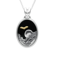 Sterling Silver 9ct Yellow Gold Whitby Jet Oval Moon Bat Necklace. P1777C