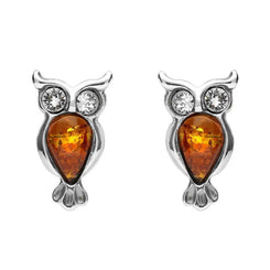Sterling Silver Amber Cubic Zirconia Owl Stud Earrings, E2327.