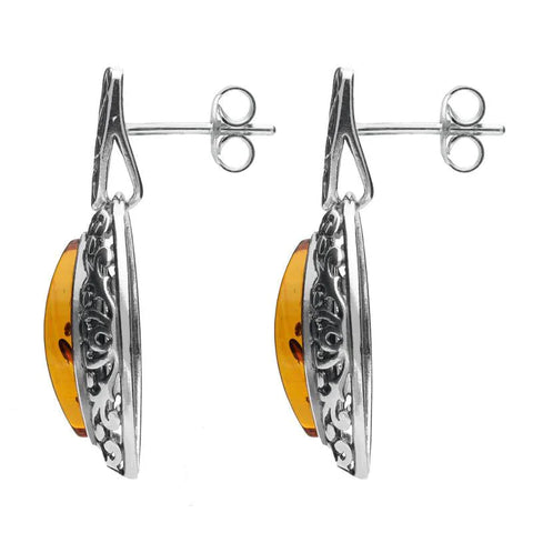 Sterling Silver Amber Ornate Edge Oval Drop Earrings, E2174.