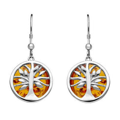 Sterling Silver Amber Round Tree Drop Earrings E2485