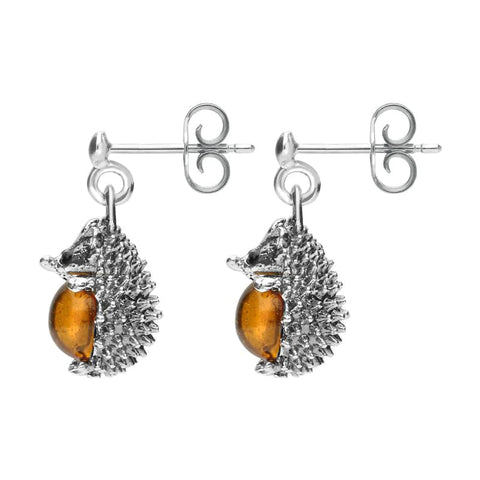 Sterling Silver Amber Tiny Hedgehog Drop Earrings E2428