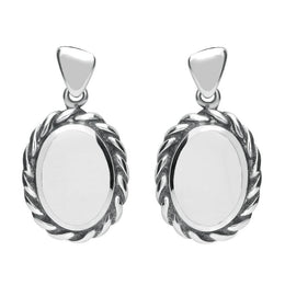 Sterling Silver Bauxite Oval Rope Edge Triangle Bail Drop Earrings. E286.