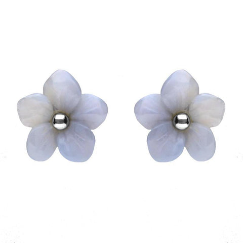 Sterling Silver Blue Chalcedony Tuberose Pansy Stud Earrings, E2153.