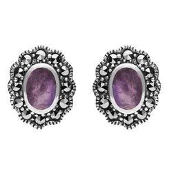 Sterling Silver Blue John Marcasite Oval Beaded Edge Stud Earrings