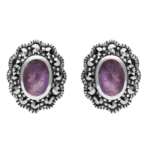 Sterling Silver Blue John Marcasite Oval Beaded Edge Stud Earrings