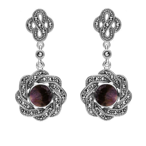 Sterling Silver Blue John Marcasite Overlap Ribbon Drop Earrings