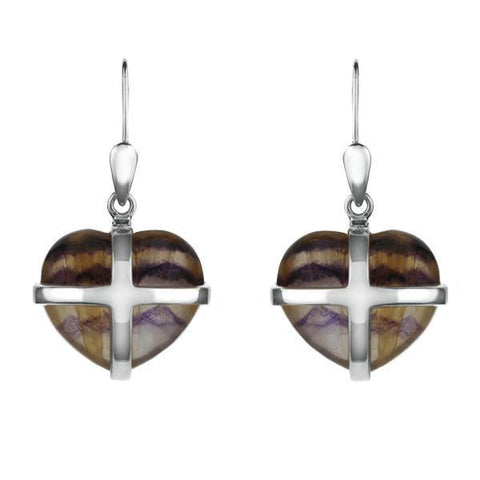 Sterling Silver Blue John Small Cross Heart Drop Earrings E1287