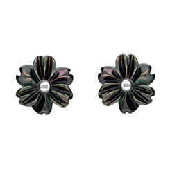 Sterling Silver Dark Mother of Pearl Tuberose Dahlia Stud Earrings, E2155.