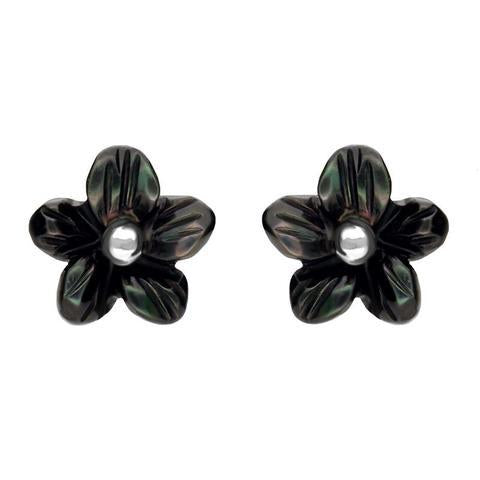Sterling Silver Dark Mother of Pearl Tuberose Pansy Stud Earrings, E2152.