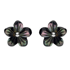 Sterling Silver Dark Mother of Pearl Tuberose Pansy Stud Earrings, E2153.