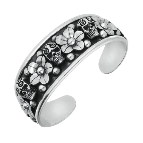 Sterling Silver Day Of The Dead Skull Flowers Cuff Bangle B1147