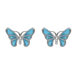 Sterling Silver White Sapphire Blue Enamel House Style Butterfly Stud Earrings E2216