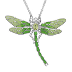 Sterling Silver Diamond Peridot Enamel House Style Dragonfly Necklace P2953
