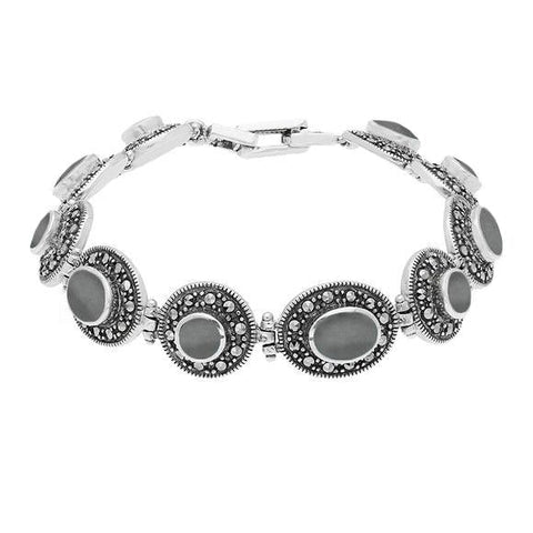 Sterling Silver Hematite Marcasite Oval Link Bracelet B875