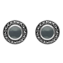 Sterling Silver Hematite Marcasite Round Beaded Edge Stud Earrings E1633