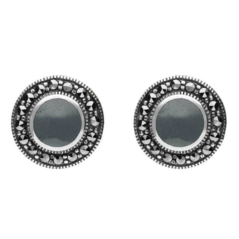 Sterling Silver Hematite Marcasite Round Beaded Edge Stud Earrings E1633