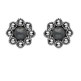 Sterling Silver Hematite Marcasite Round Edge Bead Stud Earrings E1635