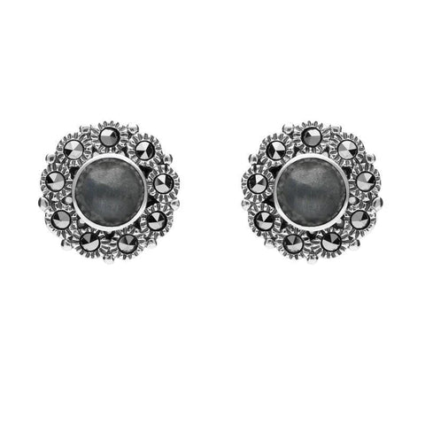 Sterling Silver Hematite Marcasite Round Stud Earrings E1634
