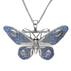 Sterling Silver House Style Moonstone Sapphire Enamel Butterfly Necklace, M316C.
