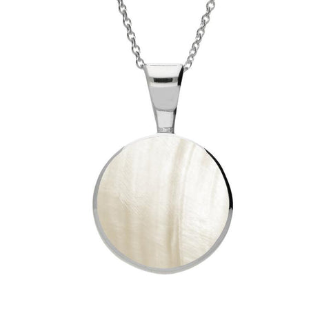 Sterling Silver Mother of Pearl Heritage Round Necklace. P018.