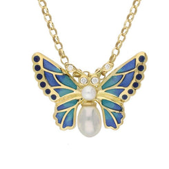 18ct Yellow Gold Pearl Diamond Enamel House Style Butterfly Necklace P2938