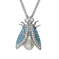 Sterling Silver Pearl White Sapphire Enamel House Style Fly Necklace P2936
