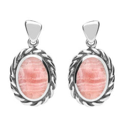 Sterling Silver Rhodochrosite Oval Rope Edge Earrings E286