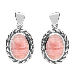 Sterling Silver Rhodochrosite Oval Rope Edge Earrings E286