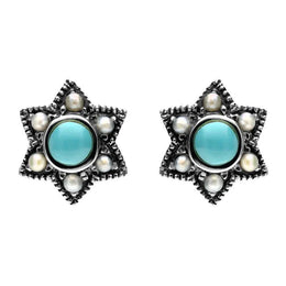 Sterling Silver Turquoise Pearl 6 Point Star Stud Earrings. E1638.